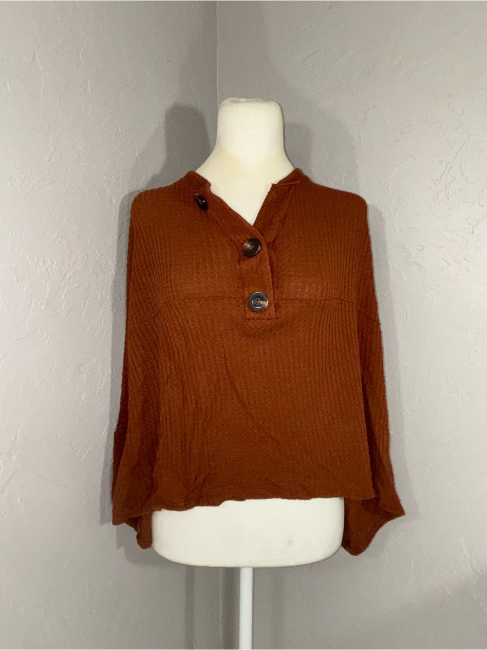 Adelyn Rae Rust Button-Neck Waffle Knit Pullover
